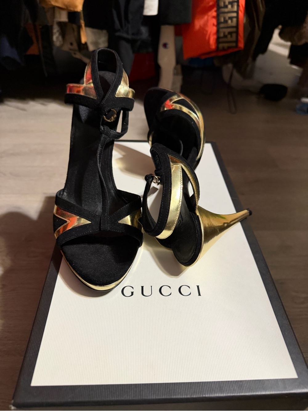 Gucci Black and Gold Open-Toe Strappy Heels